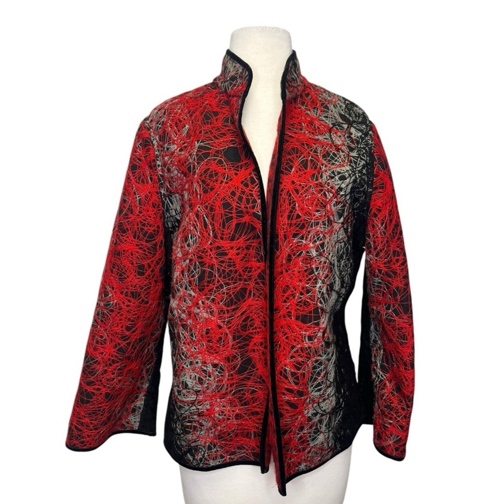 Grace Chuang Open Jacket Large Wool Blend‎ Red Black Gray Textured Scribble